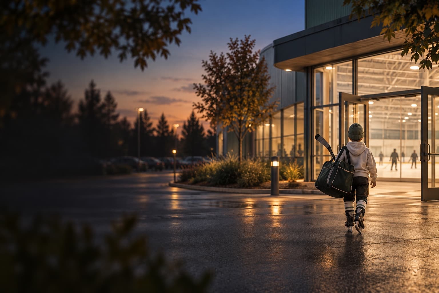 Concept scene of a child arriving at a community hockey rink with their equipment bag
